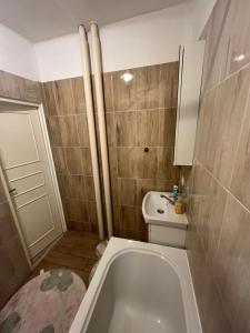 a bathroom with a tub and a toilet and a sink at Exnárova in Prievoz +6 photos