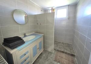 a bathroom with a sink and a mirror at Chez Mamie in Donchery