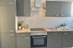 a kitchen with gray cabinets and a sink and a stove at GEM Stay in Oberhausen
