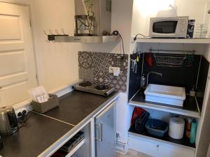 a kitchen with a counter top with a microwave at La Chantrerie in Cahors