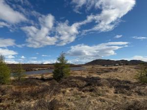 a field with a river and a blue sky with clouds at Lífsbót - riverside cottage in Egilsstaðir
