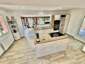 a large kitchen with a counter top in a room at Gîte Chez Armande in Surfonds