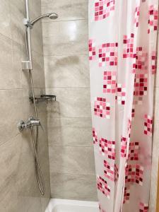a shower with a shower curtain in a bathroom at Apartment Vrančić in Šibenik +5 photos