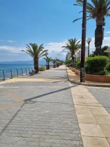 a sidewalk next to the ocean with palm trees at Calma4 in Agioi Theodoroi