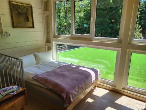 a bedroom with a bed in a room with windows at Waldchalet in Burgthann