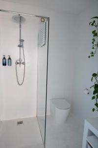 a shower with a glass door in a bathroom at Beachfront Apartment - 2 Terraces - Stunning Sunrises in Gibraltar