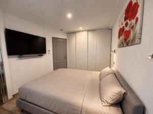 a bedroom with a bed and a flat screen tv at Au lit de Vin in Saint-Sulpice-de-Faleyrens