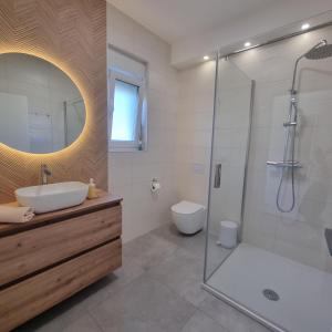 a bathroom with a shower and a sink and a toilet at Apartman Zalar in Lopar +61 photos