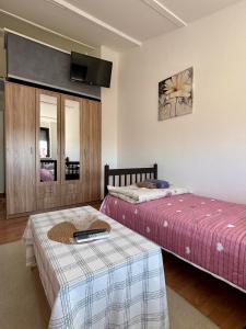 two beds in a room with a tv on the wall at Apartman Stankovic in Pirot +4 photos