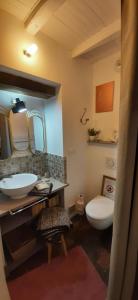 a bathroom with a toilet and a sink and mirror at A La Maison in Les Repôts