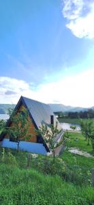 a house with a metal roof on top of a field at Apartment & Cottage - Tune in Ripci