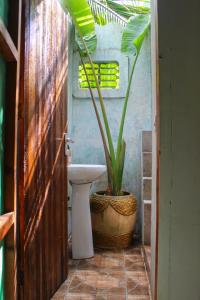 a bathroom with a toilet and a potted plant at Sagando Bungalow in Michamvi
