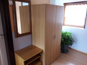 ein Schrank in einem Zimmer mit einem Spiegel und einer Pflanze in der Unterkunft Ferienwohnung Osterbrink in Ilsenburg