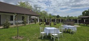 a group of white tables and chairs in a yard at La Scoabă in Baia de Fier