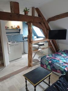a living room with a bed and a kitchen at Studio de charme in Lormes