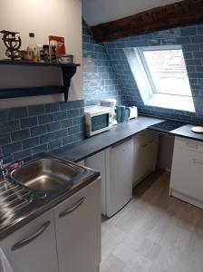 a kitchen with a sink and a microwave at Studio de charme in Lormes