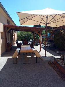 a picnic table and an umbrella on a patio at Pohádka in Kunratice