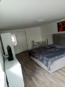 a bedroom with a bed and a flat screen tv at Pohádka in Kunratice