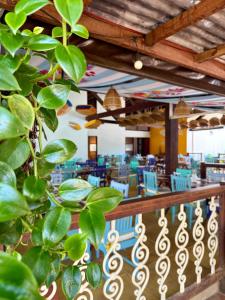 a plant in front of a cafeteria with tables and chairs at Pousada Barra Velha in Maragogi