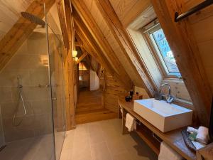 a bathroom with a sink and a glass shower at Black Cockatoo Lodge close to Bern and Thun in Oberdiessbach +36 photos