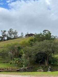 a house on top of a hill with a pond at Sitio em São Pedro de Alcantara in São Pedro de Alcântara