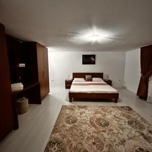 a large bedroom with a bed and a rug at Casa Deac in Sebeş