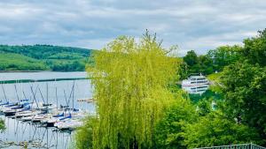 a bunch of boats are docked in a lake at Ewelinas Altstudio in Sundern