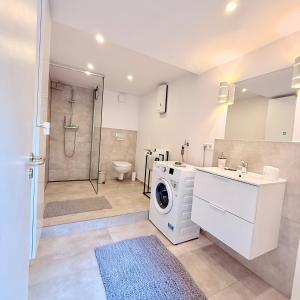 a bathroom with a washing machine and a washer and dryer at Ewelinas Altstudio in Sundern +15 photos