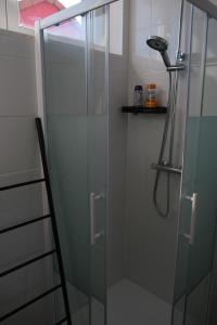 a shower with a glass door in a bathroom at URBAN House Vienna in Gerasdorf bei Wien