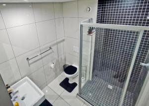 a bathroom with a shower and a toilet and a sink at The Safari Launchpad Windhoek in Windhoek