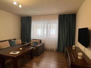a living room with a couch and a table at Apartament doua camere in Baia Mare