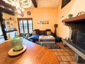a living room with a couch and a fireplace at Maison paisible Normandie in Saint-Aubin-de-Terregatte