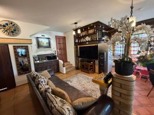 a living room with a couch and a television at Villa Éden in Siófok