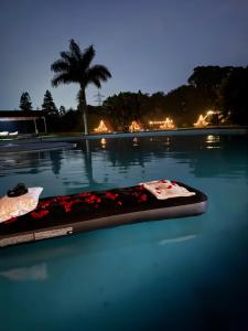 a swimming pool at night with a surfboard in the water at Domo Nool con vista a las estrellas in Río Blanco