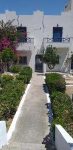 a walkway in front of a building with trees and flowers at white and blue,finikas syros in Víssa