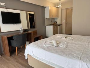 ein Schlafzimmer mit Bett, Schreibtisch und Fernseher in der Unterkunft Figen Suite Hotel 2 in Canakkale