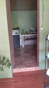 a kitchen with a stove and a refrigerator in a room at Green house in Puerto Jiménez