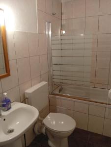 a bathroom with a toilet and a sink and a shower at Studio Mare in Kaštela +5 photos