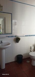 a bathroom with a sink and a toilet and a mirror at Mar e Sol in Vila Nova de Milfontes