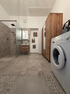 a laundry room with a washing machine and a sink at Zwinger Apartman in Sopron