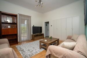a living room with two couches and a tv at Karydeones Living in Kleidoniá +12 photos