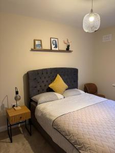 a bedroom with a bed with a blue headboard at Cosy & Comfortable Room in Portlaoise