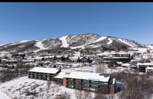 a town with snow covered buildings and a mountain at Modern apartment with amazing location in Hol