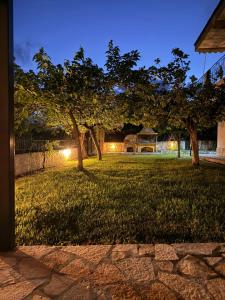 a yard with trees and a house at night at SunKipos in Paleros