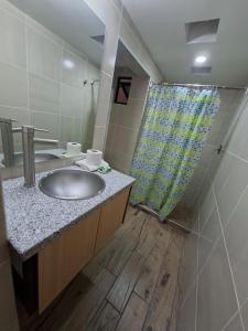 a bathroom with a sink and a shower at Hotel casa el Palomar - 3 in San Baltasar