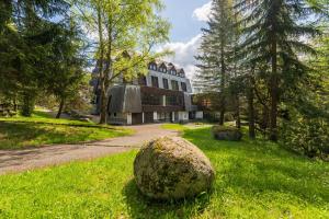 a large rock in the grass in front of a building at Horský Hotel Jelínek in Bedřichov