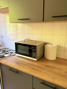 a microwave sitting on top of a counter in a kitchen at Parko apartamentai Kretinga in Kretinga +11 photos
