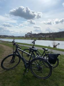 two bikes parked in the grass next to a river at Bungalow am Wald in Coswig