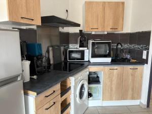 a kitchen with a washing machine and a microwave at Appartement T2 de 30m2, Grande Terrasse, Résidence Soleil Marin in Collioure