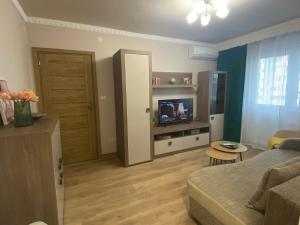 a living room with a couch and a television at Apartament 29 in Orăştie
